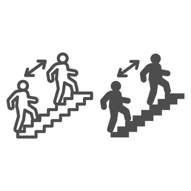 Merdiven hattındaki iki kişi arasındaki mesafe ve katı ikon, sosyal uzaklık kavramı, beyaz arka plandaki kamusal alanda önleme işareti, merdiven ikonu üzerindeki mesafeyi ana hatlarıyla koruyun. Vektör.