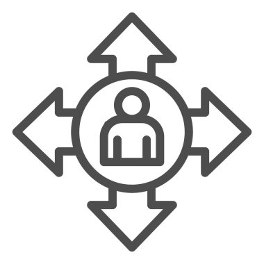 İnsan Avatar ve Oklar çizgi ikonu, sosyal uzaklık kavramı, beyaz arka planda sosyal iletişim işareti, dış hatlarda okları olan daireler çizen insan. Vektör grafikleri.