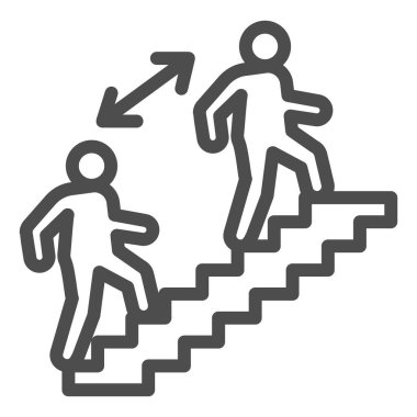 Merdiven çizgisi ikonunda iki kişi arasındaki mesafe, sosyal uzaklık kavramı, beyaz arka planda halka açık alanda önleme işareti, merdiven ikonuna ana hatlarıyla mesafe koymak. Vektör.