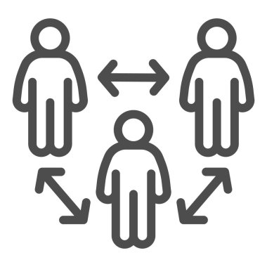 Grup çizgisi ikonunda sosyal mesafe, sosyal uzaklık kavramı, beyaz arka planda Coronavirüs salgını koruma işareti, üç kişi arasında ana hatlar şeklinde bir mesafe. Vektör grafikleri.