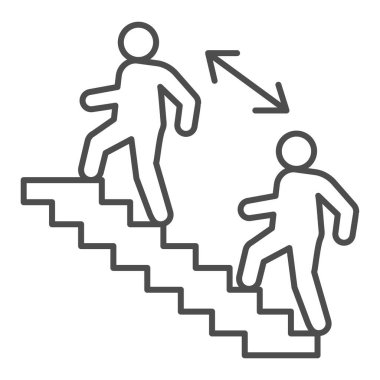 Merdivendeki iki kişi arasındaki mesafe ince çizgi ikonu, sosyal uzaklık kavramı, beyaz arka planda halka açık alanda önleme işareti, merdiven ikonu üzerindeki mesafeyi ana hatlarıyla koruyun. Vektör.