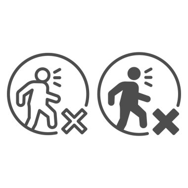 Hasta insanların çizgi dışına çıkmalarını ve sağlam ikon, sosyal uzaklık kavramı kullanmalarını yasaklamak, beyaz arka planda yasaklama işaretini kullanmamak, salgın ikonunda ana hatlarıyla yürümemek. Vektör grafikleri.