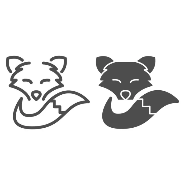 Fox huvud och svans linje och solid ikon, social distansering koncept, vilda skogsdjur tecken på vit bakgrund, räv logotyp ikon i kontur stil för mobila koncept och webbdesign. Vektorgrafik. — Stock vektor