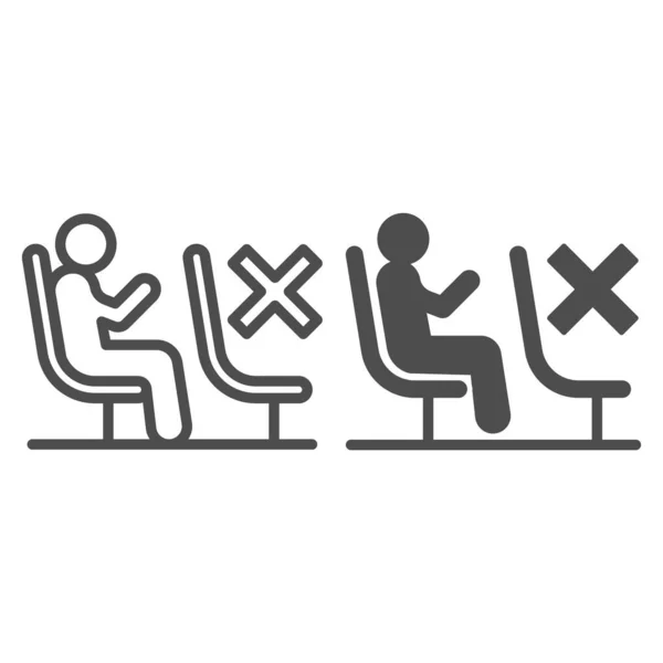Person, die auf dem Stuhl sitzt, während sie soziale Distanzierungslinie und solides Symbol beibehält, covid-19 Konzept, Leerraum mit Sitzschild auf weißem Hintergrund, physisches Distanzierungs-Symbol im Umriss. Vektorgrafik. — Stockvektor
