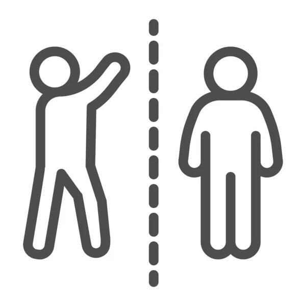 Hombre con la mano levantada dividida con otro icono de línea de persona, concepto de distanciamiento social, signo de prevención de la enfermedad en el fondo blanco, dos personas mantienen icono de distancia segura en el estilo de esquema. — Archivo Imágenes Vectoriales