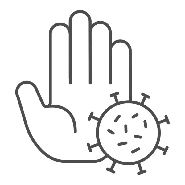 Palm and viral organism thin line icon, social distancing concept, Stop vírus sign on white background, Virus on hand icon in outline style for mobile concept and web design. Gráficos vetoriais. — Vetor de Stock