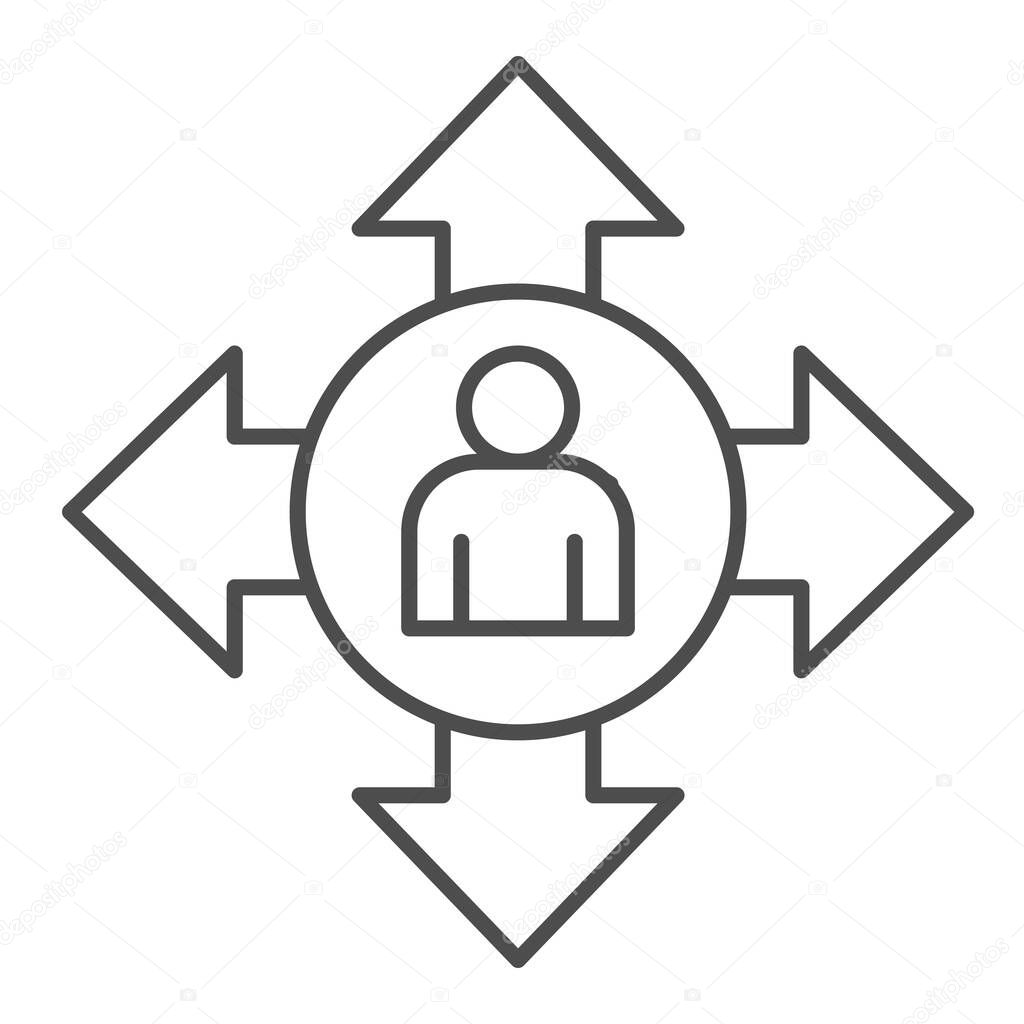 Human Avatar and Arrows thin line icon, social distancing concept, social communication sign on white background, person in circle with arrows outward in outline style. Vector graphics.