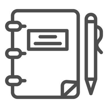 Not defteri ve kalem satırı simgesi, eğitim konsepti, beyaz arkaplan üzerinde defter ve kalem işareti, mobil konsept ve web tasarımı için ana hatlar şeklinde dizüstü bilgisayar ve kalem simgesi. Vektör grafikleri.