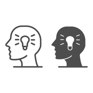 Ampul çizgisi ve katı bir ikona sahip insan kafası, eğitim kavramı, beyaz arka planda yaratıcı süreç işareti, mobil konsept ve web tasarımı için ana hatlı bir fikir ikonu. Vektör grafikleri.