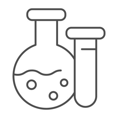 Sıvı ince çizgi ikonlu beher, tıbbi ekipman konsepti, beyaz arka planda laboratuvar şişesi işareti, ana hatlarıyla laboratuvar ikonu. Vektör grafikleri.
