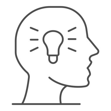 Ampul gibi ince çizgi ikonu olan insan kafası, eğitim kavramı, beyaz arka planda yaratıcı süreç işareti, mobil konsept ve web tasarımı için ana hatlı bir fikir ikonu. Vektör grafikleri.