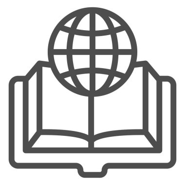 Kitap ve dünya çizgisi ikonu, eğitim kavramı, dünya gezegeni ve beyaz arkaplan üzerine kitap imzası, açık kitap ikonu üzerine ana hatlarıyla dünya. Vektör grafikleri.