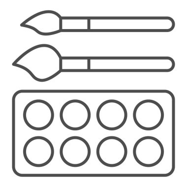 suluboya ince çizgi ikonu, yaratılış konsepti, boya fırçası ve boyalar beyaz arka planda, suluboya ikonunu ana hatlarıyla fırçalar ve boyar. Vektör grafikleri.