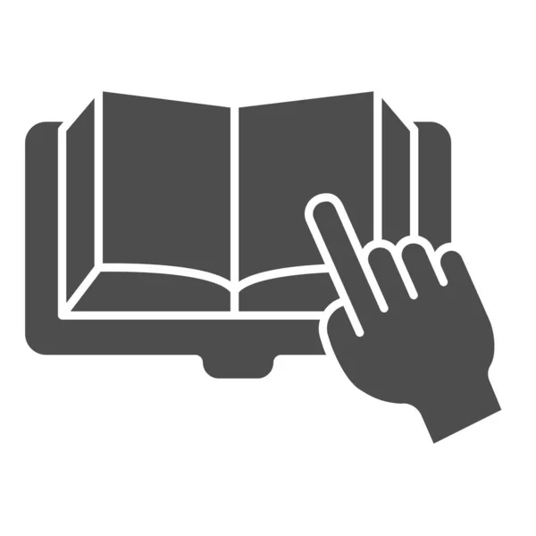 Открытая книга с рукою, указывающей на твердую иконку, концепция образования, указатель пальца на вывеску книги на белом фоне, указатель пальца на иконку книги в стиле глифа. Векторная графика. — стоковый вектор