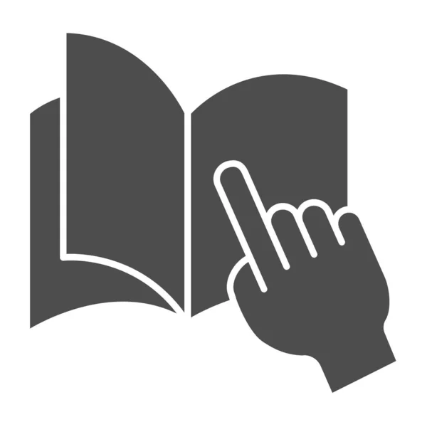 Ладонь указывает на страницу в блокноте твердый значок, концепция, образование открытая книга с указателем руки на белом фоне, ладонь и ноутбук значок в стиле глифа. Векторная графика. — стоковый вектор