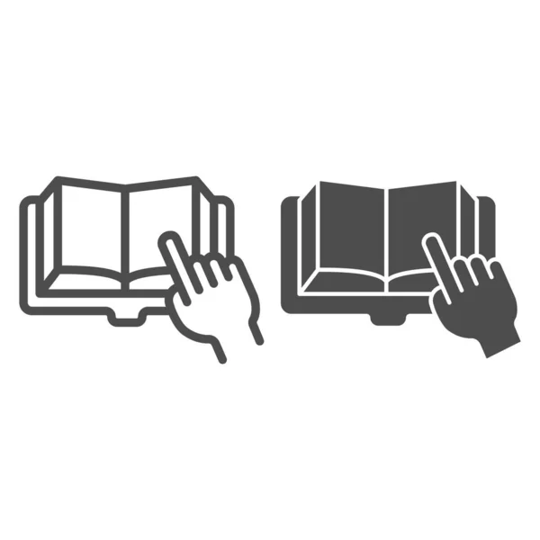 Hand holding open book. Line art. Reading, education concept. Hand