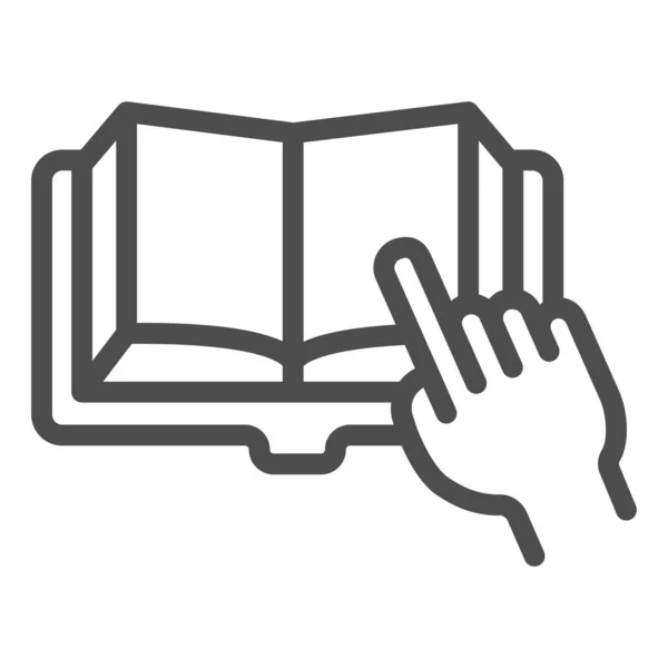 Libro abierto con la mano apuntando icono de línea, concepto de educación, dedo en el signo del libro en el fondo blanco, dedo en el icono del libro en el estilo de esquema. Gráficos vectoriales. — Vector de stock