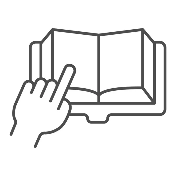 Libro abierto con la mano apuntando icono de línea delgada, concepto de educación, dedo en el signo del libro en el fondo blanco, dedo en el icono del libro en el estilo del esquema. Gráficos vectoriales. — Vector de stock