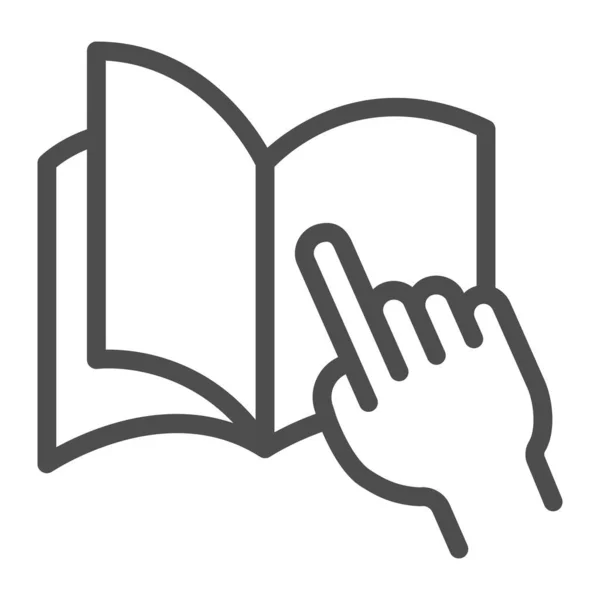 Palm apunta a una página en un icono de línea de cuaderno, concepto, libro abierto de educación con la mano señalando el signo en el fondo blanco, la palma y el icono del cuaderno en el estilo de esquema. Gráficos vectoriales. — Vector de stock