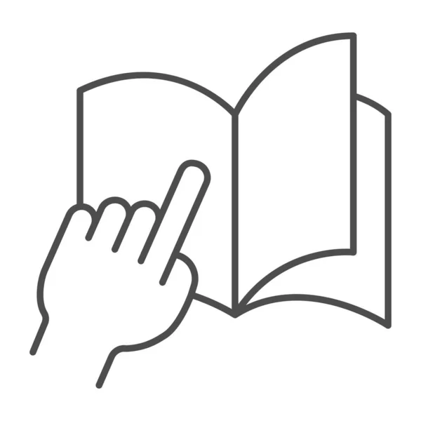Palm apunta a una página en un icono de línea delgada portátil, concepto, libro abierto de educación con la mano señalando el signo en el fondo blanco, la palma y el icono del cuaderno en el estilo de esquema. Gráficos vectoriales. — Vector de stock