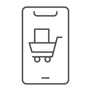 Alışveriş arabası, ince çizgi ikonu, alışveriş konsepti, beyaz arka planda açık mağaza başvuru tabelası olan akıllı telefon, ana hatlı simgesi olan telefon. Vektör grafikleri.
