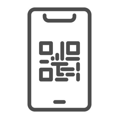 Cep telefonu hattı simgesi üzerinde QR kodu, teknoloji kavramı, beyaz arkaplan üzerinde qr kod ödeme işareti, mobil konsept ve web tasarımı için ana hatlı simge üzerinde qr kod. Vektör grafikleri.