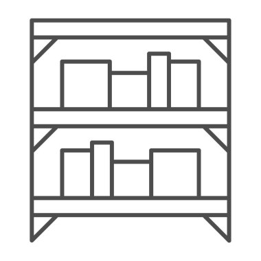 Kutuları olan raflar, depo çizgisi ikonu, alışveriş konsepti, beyaz arka planda karikatür kutuları yazılı metal raflar, ana hatları belirlenmiş kutu ambarı simgesi. Vektör grafikleri.