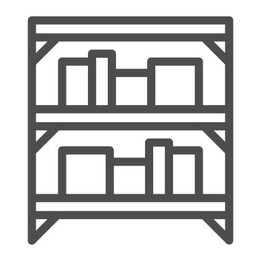 Kutulu raflar, depo çizgisi ikonu, alışveriş konsepti, beyaz zemin üzerinde çizgi film kutuları yazan metal raflar, ana hatları belirlenmiş kutu ambarı simgesi. Vektör grafikleri.