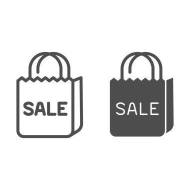 Üzerinde yazıt satışı ve sağlam ikon, alışveriş konsepti olan bir çanta, beyaz arka planda indirimler, mobil konsept ve web tasarımı için ana hatlı satış simgesi. Vektör grafikleri.