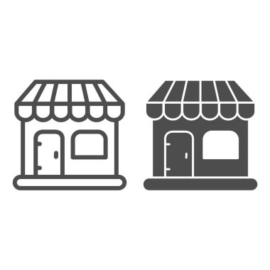 Dükkan hattı, sağlam ikon, alışveriş konsepti, beyaz arka planda mağaza tabelası, mobil konsept ve web tasarımı için ticari yapı ikonu. Vektör grafikleri.