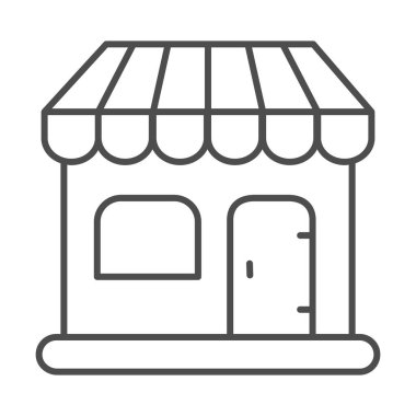 İnce çizgi ikonu, alışveriş konsepti, beyaz arka planda mağaza tabelası, mobil konsept ve web tasarımı için ticari yapı ikonu. Vektör grafikleri.