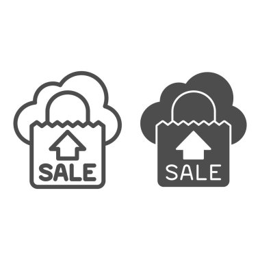 Büyük satış paketi hattı ve sağlam ikon, alışveriş konsepti, beyaz arka planda büyük satış çantası tabelası, mobil konsept ve web tasarımı için taslak biçimli satış torbaları ikonu. Vektör grafikleri.