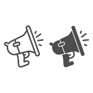 Hoparlör hattı ve katı ikon, teknoloji kavramı, beyaz arka planda megafon işareti, mobil konsept ve web tasarımı için ana hatlı megafon ikonu. Vektör grafikleri.