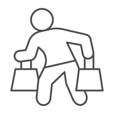 Alışveriş torbaları taşıyan adam ince çizgi ikonu, alışveriş konsepti, beyaz arka planda paket tabelası olan adam, alışveriş torbası ikonu taşıyan adam. Vektör grafikleri.