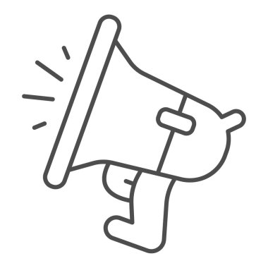 Hoparlör ince çizgi ikonu, teknoloji konsepti, arka planda megafon işareti, mobil konsept ve web tasarımı için ana hatlı megafon ikonu. Vektör grafikleri.