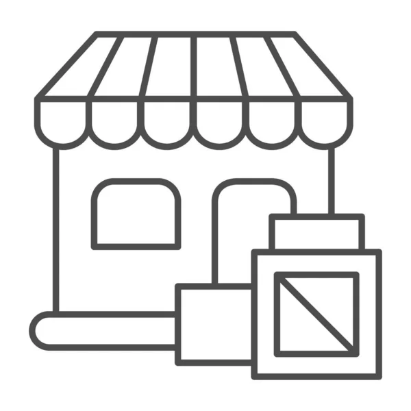 상점의 얇은 라인 아이콘, 쇼핑 컨셉, 흰색 배경에 상품 표시가 있는 가게, 모바일 컨셉과 웹 디자인의 개요 스타일의 스토어 건물 아이콘. 벡터 그래픽. — 스톡 벡터