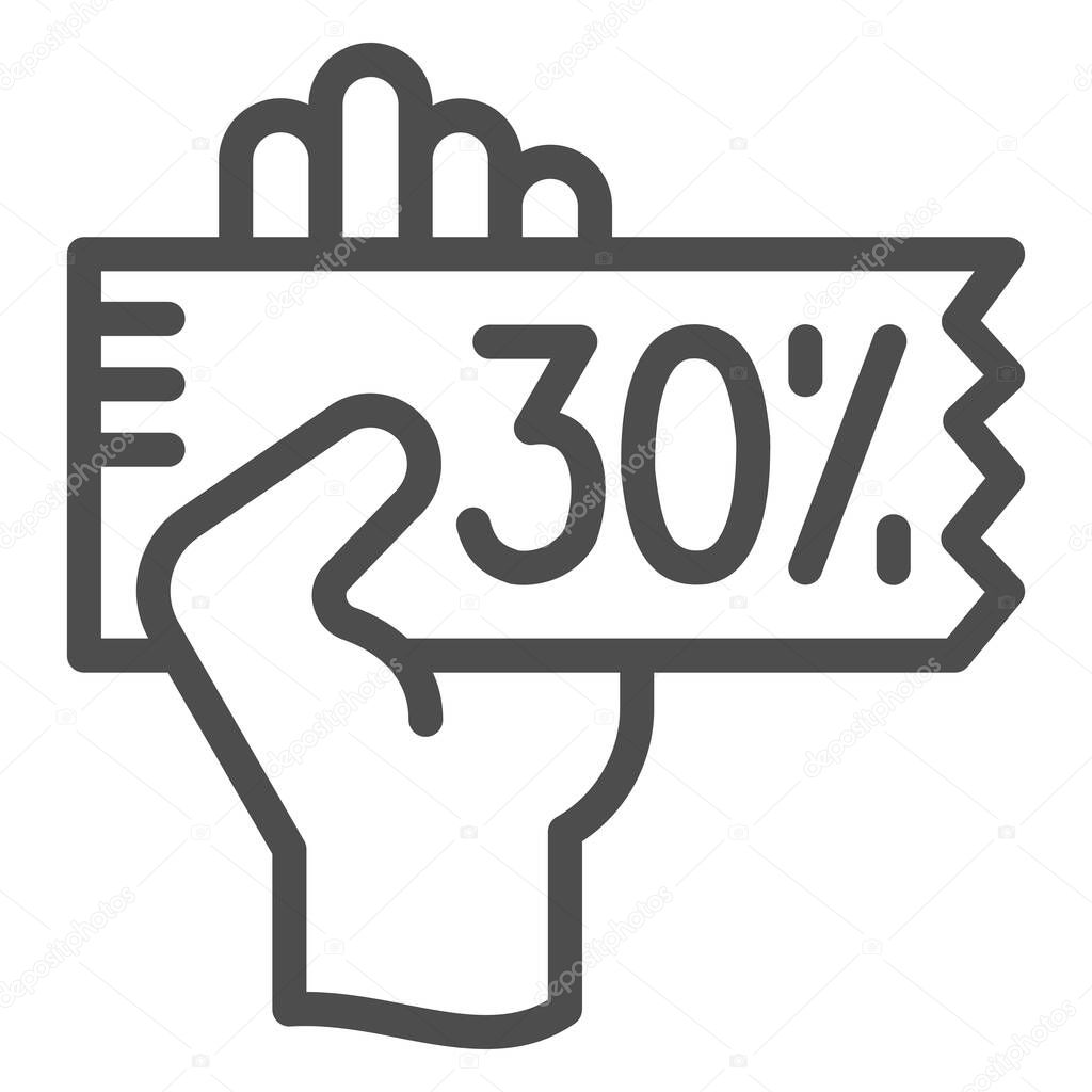 Hand with a discount coupon line icon, shopping concept, big discounts sign on white background, hand with a discount coupon icon in outline style. Vector graphics.