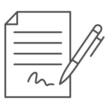 Sahte imza, ince çizgi simgesi, Siyah muhasebe konsepti, beyaz zemin üzerinde sahte sözleşme imzası, mobil ve web için taslak biçiminde imza ve kalem ikonu içeren sözleşme. Vektör grafikleri.