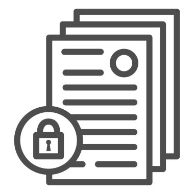 Kilit çizgisi simgesine sahip iş belgeleri, Siyah muhasebe konsepti, beyaz arkaplan üzerindeki belgelere sınırlı erişim, gizli dosya simgesi ana hatlarıyla kilitlenmiş. Vektör grafikleri.