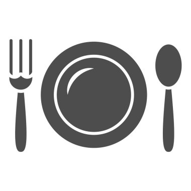 Çatal ve kaşık, çatal, katı ikon, siyah muhasebe konsepti, beyaz arka planda restoran tabelasında öğle yemeği, mobil tasarım için yemek çatal bıçak ikonu. Vektör grafikleri.