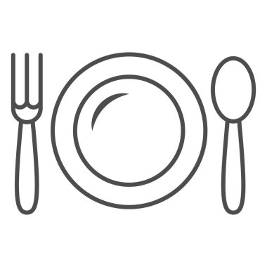 Çatal ince çizgi ikonlu tabak ve kaşık, siyah muhasebe konsepti, beyaz arka planda restoran tabelasında öğle yemeği, mobil tasarım için ana hatlarda öğle yemeği ikonu, web tasarımı. Vektör grafikleri.