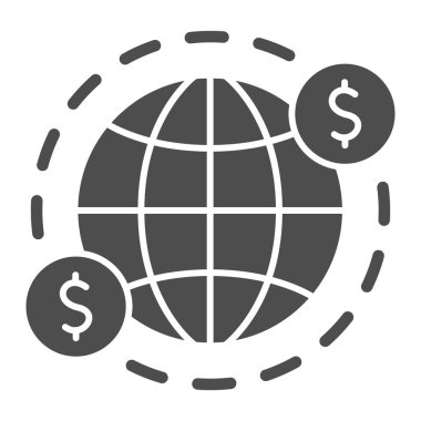 Dünya ve ABD Doları Sembolleri sağlam ikon, Siyah Muhasebe kavramı, beyaz arka planda açık deniz işareti, Uluslararası para transferi simgesi gesinde simge. Vektör grafikleri.