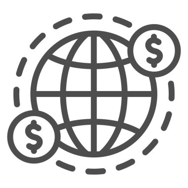 Dünya ve ABD Doları Sembol çizgisi ikonu, Siyah Muhasebe kavramı, beyaz arka planda açık deniz işareti, Uluslararası para transferi ikonu ana hatlar şeklinde. Vektör grafikleri.