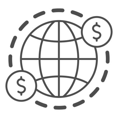 Dünya ve ABD Doları Sembolleri ince çizgi ikonu, Siyah Muhasebe konsepti, beyaz arka planda açık deniz tabelası, Uluslararası para transferi ikonu ana hatlar tarzında. Vektör grafikleri.