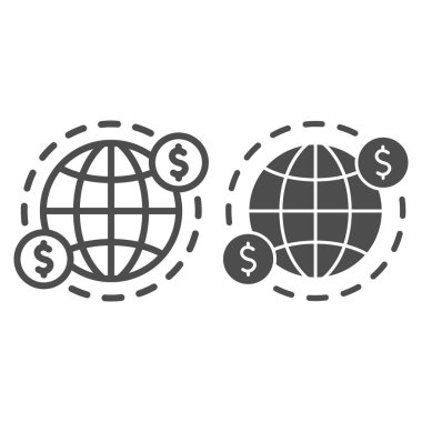 Dünya ve ABD Doları Sembol Hattı ve sağlam ikon, Siyah Muhasebe Konsepti, beyaz arka planda açık deniz işareti, Uluslararası para transferi simgesi taslak tarzında simge. Vektör grafikleri.