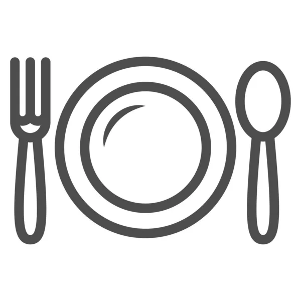 Assiette et cuillère avec icône de ligne de fourchette, concept de comptabilité noire, déjeuner dans un panneau de restaurant sur fond blanc, icône de couverts de déjeuner dans le style de contour pour mobile, web design. Graphiques vectoriels. — Image vectorielle