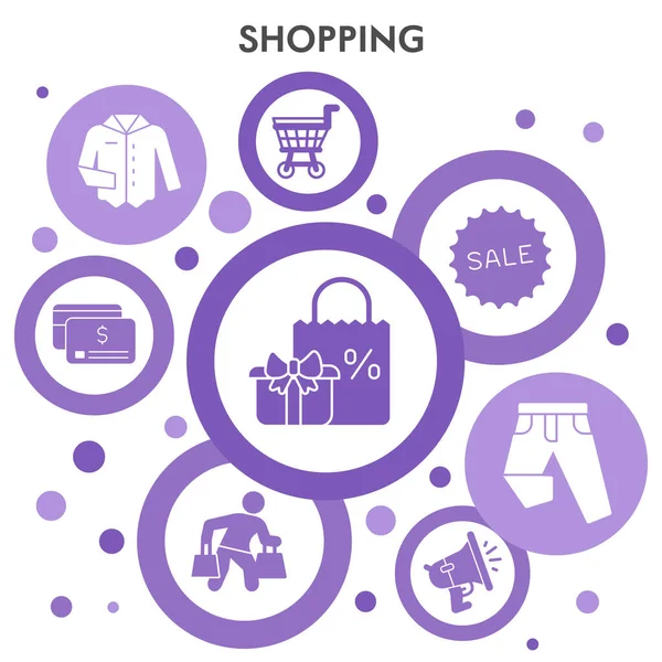 Modern Shopping design mall med glyf ikon. Online shopping Infografisk visualisering i bubbla design på vit bakgrund. Kampanjer och rabatter. Kreativ vektor illustration för infographic. — Stock vektor