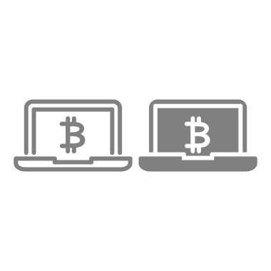 Dijital para çizgisi ve sembol. Laptop ve bitcoin vektör çizimi beyaza izole edildi. Bitcoin ve dizüstü bilgisayar tasarımı, web ve uygulama için tasarlandı. Eps 10.