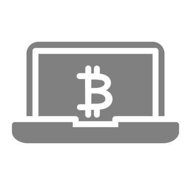 Dijital para sağlam bir ikon. Laptop ve bitcoin vektör çizimi beyaza izole edildi. Bitcoin ve dizüstü bilgisayar kabartma tasarımı, web ve uygulama için tasarlandı. Eps 10.