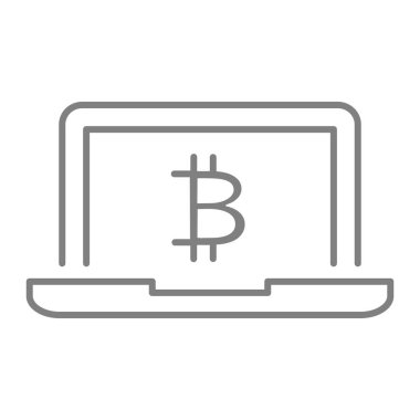 Dijital para ince çizgi ikonu. Laptop ve bitcoin vektör çizimi beyaza izole edildi. Bitcoin ve dizüstü bilgisayar tasarımı, web ve uygulama için tasarlandı. Eps 10.